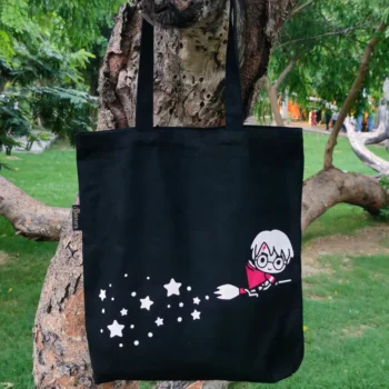 harry potter with broom black tote bag for girls